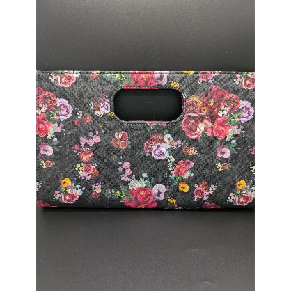 Womens Floral Print Black Multicolor Tote Bag Top Handle Magnetic Lined Pockets